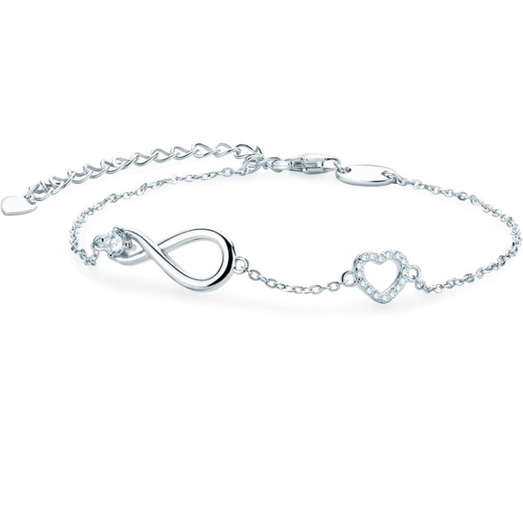 Diamond Moissanite Solitaire Infinity & Pave Heart Dainty Chain Bracelet - Picture 8 of 9